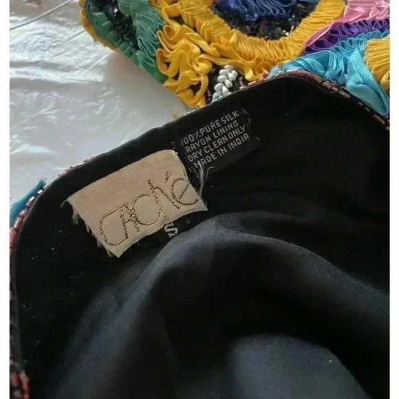 Vintage Silk Ribbon Boxy Bolero Jacket 90s Bead Embellished Flower Pearl Rainbow - Picture 9 of 14